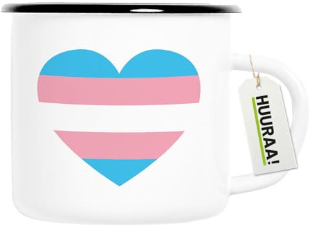Huuraa Emaille Tasse Trans Pride Flagge LGBTQ Herz Geschenk | 300ml Becher Weiß mit Schwarzem Rand Vintage Campingbecher Geschenkidee Kaffeetasse als Wohnwagen Zubehör Campingtasse