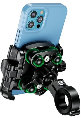 MOGGAM Soporte movil Moto antivibración con Cuerpo y Anilla de Aluminio para Montaje en Manillar - Soporte telefono Moto regulacion 360º Compatible con movil 5,4-7,2