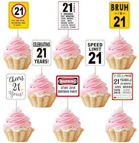 21st Birthday Cupcake Toppers Cheers to 21 Years Out Single Digits Cupcake Picks Bruh I'm 21 Speed Limit 21 It's My 21st Cake Decorations for Boys Girls Kids Birthday Party Cake Supplies