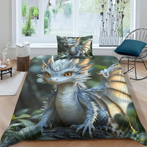 kaiyun European Drache with Big Wings Bettwäsche Single（135x200cm） Drache Creature 3D Gedruckte Mikrofaser Bettbezug Und Kissenbezug,Geeignet FüR Erwachsene Und Kinder