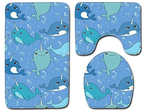 Badezimmerteppich Blauer Grüner Delfin WC Vorleger mit Ausschnitt WC Deckelbezug 3 Teiliges WC Teppich rutschfeste Badgarnitur U förmiger Badematte Waschbar Bad Teppiche Set 45x75 cm