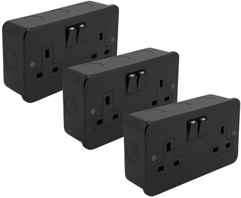 SH|P® Double Switched Socket – 13A Matt Black Metal Clad 2 Gang Plug Outlet with Metal Surface Back Box – Heavy Duty, Modern Finish, BS 1363 Certified (3 Pack)