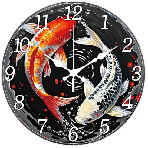 CHGCRAFT Fantasy Fish Wanduhr 12 Zoll Uhr im orientalischen Stil Batteriebetrieben Geräuschlos Tickt Nicht Yin und Yang Fisch Runde Dekoruhren für die Dekoration Ihres Heimbüros