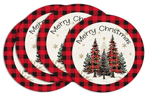 Christmas Trees Placemats Set of 4, 38cm Winter Table Mats for Outdoor Home Party Kitchen Dining Decoration Vintage Thanksgiving Washable Table Mats