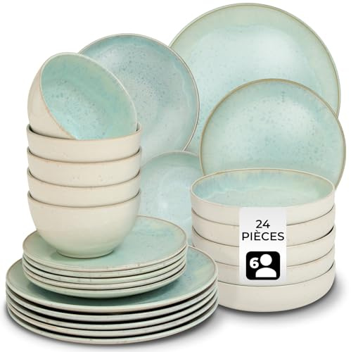 tectake® Set stoviglie 24 pezzi terracotta, servizio piatti 6 persone, set piatti moderni grandi, piccoli, fondi, ciotole, gres smaltato, design moderno, adatto lavastoviglie microonde - Menta