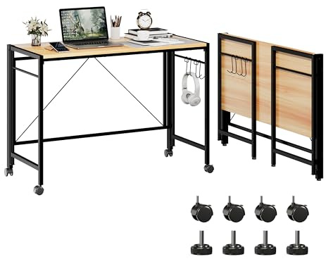 Wooden Folding Computer Desk with Shelf, Foldable Table with Black Frame and Wood Color Top, Large Laptop Notebook PC Table for Writing Study Office Home Bedroom Gaming, Simple Assembly, 110*50*75cm