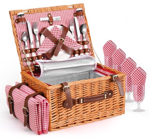 Cesta Picnic 4 Personas, Set de Picnic de Mimbre con Bolsa Aislante, Manta de Picnic Impermeable y Juego de Cubiertos, Cesta de Picnic para Camping,Rosa