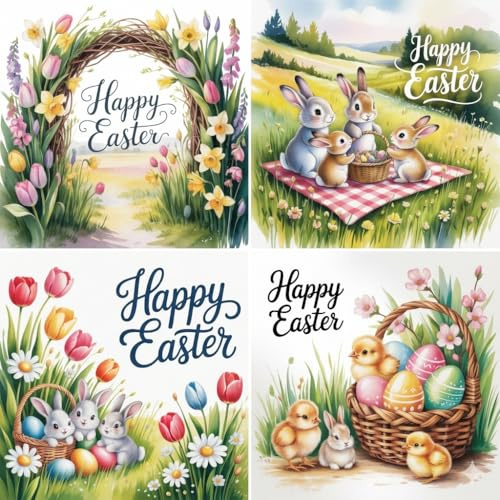 Påskkort, paket med 8 Happy Easter gratulationskort med söta kaninkycklingar och blommönster påskkort för familj vänner vårgåva att ge – 150 x 150 mm