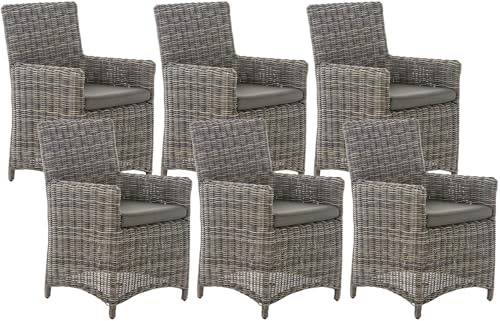 CLP Gartenstuhl 6er Set Fontana, Polyrattan Gartenstühle, Hochlehner mit Sitzkissen, Wetterfeste Garten-Sessel mit Armlehnen, Outdoor Stuhlset, Farbe:grau-meliert, Polsterfarbe:Anthrazit