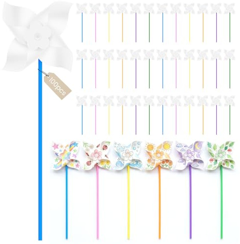 100Pcs DIY Pinwheels Craft, Blank Windmill Spinners, Creative Craft Kits to Colour and Paint, Arts and Crafts Windmill Set for DIY Activities, Easter Basket Stuffers