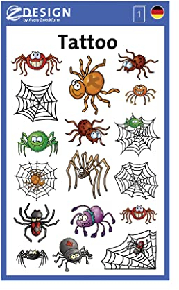 AVERY Zweckform 56693 Tattoo Kinder 17 Stück (Temporäre Tattoos Spinnen, Kinder Tattoo wasserfest, Klebetattoos, Kindergeburtstag, Mitgebsel, Partyspiele Preise, Kinder zum Spielen, Tattoo Jungen)