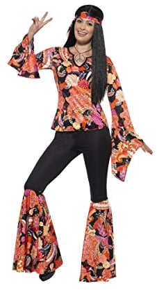 Smiffys Willow Hippie Kostüm, Mehrfarbig, mit Oberteil, Hose, Kopftuch & Anhänger