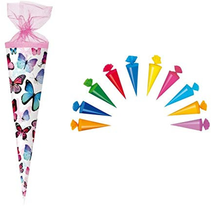 Schultüte / Zuckertüte / 50cm / rund / Schmetterlinge + 10 Deko Schultüten 12cm