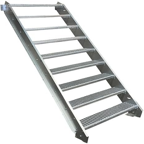SRM Design 9 Stufen Stahltreppe Breite 90 cm verzinkt | Geschosshöhe 135 - 180 cm feuerverzinkt ohne Geländer robuste Außentreppe Wangentreppe stabile Industrietreppe Außenbereich
