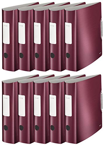Leitz Qualitäts-Ordner 180° Active Style in gebürsteter Alu-Optik, A4, Runder Rücken, 8,2 cm Breite, Gummibandverschluss (10er Pack, Granat-Rot)