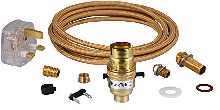 ElekTek Premium UK B22 Lamp Refurbishment Fixing Kit, Solid Brass Safety Switched Bayonet Lampholder, Extensive Fittings Pack, 13A Plug (3A Fuse), Gold Round Braided Fabric 3-Core Lighting Flex Cable