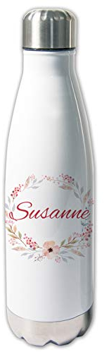 Thermoskanne mit Name Blumen Rahmen, Thermosflasche warm und kalt, Geschenk Frauen, Mädchen, Trinkflasche, Arbeit, Schule