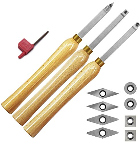 Mini Carbide Tipped Wood Lathe Turning Tools Combo Set Rougher Detailer Finisher with Wood Handle and Diamond Round Square Carbide Inserts，3pcs