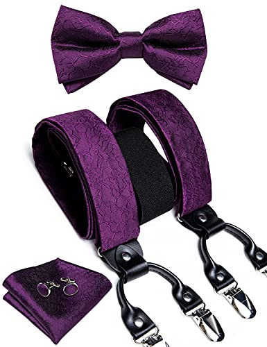 DiBanGu Paisleymuster Fliege und Träger für Herren, Smoking, strapazierfähig, 6 Clips, Hosenträger verstellbar, Y-Form, Herren-Hosenträger, 07 Lila, Einheitsgröße