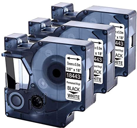 3 x Dymo 18443 Replacement Vinyl Tape, Compatible Rhino Black on White Permanent, 9mm x 5.5m, Works with Dymo Rhino 4200, 5200, 6000, 3000, 1000 Label Maker