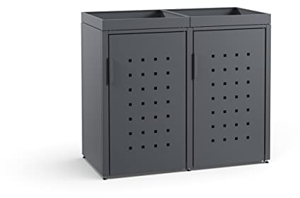 MEISTERBOX – 2er Mülltonnenbox Mülltonnenverkleidung mit Pflanzdach - 240L - Korpus, Dach & Pfosten Anthrazit