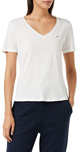 Tommy Jeans Tjw Slim Jersey V Neck Camiseta, Blanco (White), M para Mujer