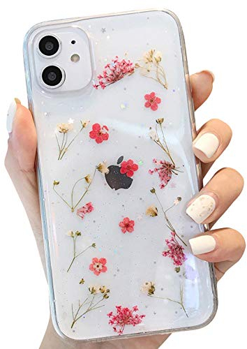 Tybiky iPhone 7 Plus Hülle HandyHülle Blumen Getrocknete Blume Sparkly Glitter Weiche Silikon TPU Stoßfeste Ewige Blume Echte Blumen Case Cover für iPhone 8 Plus, zerkleinerte Blume Rosa