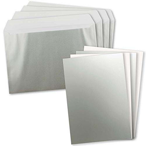 5x XXL Einzelkarten-Set in DIN A4 (21 x 29,7 cm) inkl. Umschlägen in DIN C4 - Metallic Silber - Briefumschlag mit Haftklebung - für Versand von Grußkarten, Urkunden und Gutscheinen geeignet