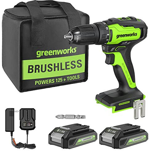Greenworks 24V Brushless Cordless Drill Kit, 310 in./lbs, 18+1 Position Clutch, 1/2 '' Keyless Chuck, Variable Speed, (2) 2Ah Batteries with 2A Fast Charger, LED Light with Tool Bag