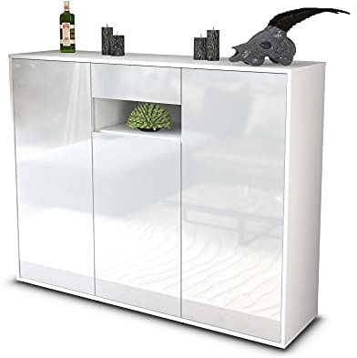 Stil.Zeit Highboard Kommode Madalena, Korpus Weiss matt, Front Hochglanz-Design Weiß (136x108x35cm), Push-to-Open Technik & Leichtlaufschienen