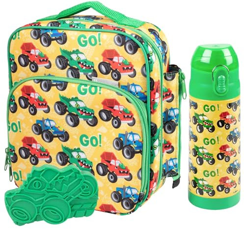 Bentology Juego de fiambrera para niños – Bolsa aislada para niños, botella de agua y paquete de hielo – 3 piezas – Monster Truck