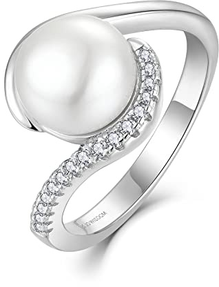 JO WISDOM Damen Ring Silber 925 mit 3A Zirkonia,Perlenring mit 9mm Süßwasserperle,Schmuck für Frauen