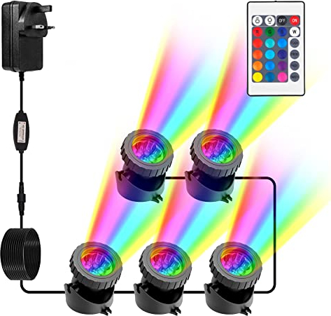 NATPOW Luces de estanque alimentadas por red, RGB subacuático foco luces de acuario con control remoto IP68 impermeable multicolor luces sumergibles para pecera, piscina, estanque (juego de 5)