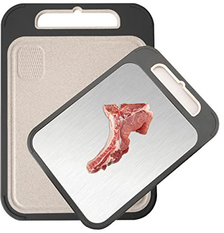 LYZOLICS Tabla de cortar de doble cara de acero inoxidable 304 y tabla de cortar de paja de trigo para cocina, 13.78 x 9.84 pulgadas para frutas, verduras, carne, 1 pieza (negro)