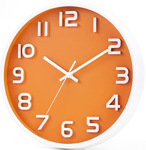 Wall Clock 12 Silent Non-Ticking Quartz Decorative Wall Clock 3D Large Number, Modern Style Good for Living Room & Home & Office Battery Operated(Orange)