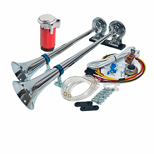YIYIDA Car Horn Lufthupe Auto Hupe 175db Lautsprecher LKW Hupe Schiffshupe silbrig 24V hoher Ton und niedriger Ton Zink Chrom Doppelrohr rotem Kompressor Air Horn für 24V Auto Yacht LKW usw