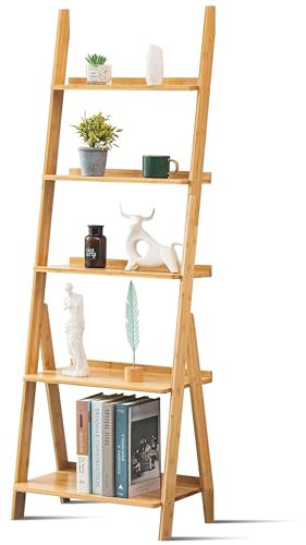DOUSY- 5-Tier Bamboo Ladder Shelf Ladder Bookshelf Plant & Flower Stand Bookcase, Freestanding Storage Rack Organizer Display Shelf for Living Room, Home Office, Bedroom, Balcony, Natural Wood