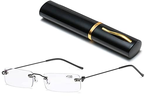 Lanomi Mini rahmenlose Lesebrille Blaulichtfilter Schmal Damen Herren Ultraleichte Rechteck Randlos Lesehilfe Klein Brille mit MetallEtui Schwarz 1.5