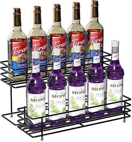 Coffee Syrup Organizer 2 Tier Syrup Bottle Holder Rack for Coffee Bar 10 Bottles Matte Black Wine Bottle Rack Coffee Syrup Stand Shelf for Syrup, Wine, Coffee Bar Organizer For Kitchen Coffee Shop