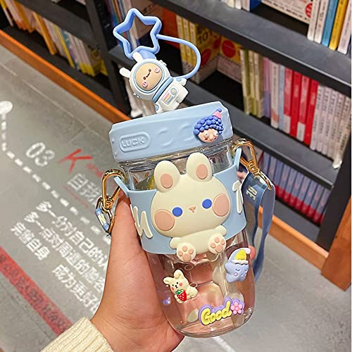 Labstandard Bouteille d'eau Kawaii avec paille - Esthétique - Pour enfants et filles - Bouteille d'eau mignonne avec autocollants 3D pour l'école, les sports de plein air, les voyages - Lapin bleu