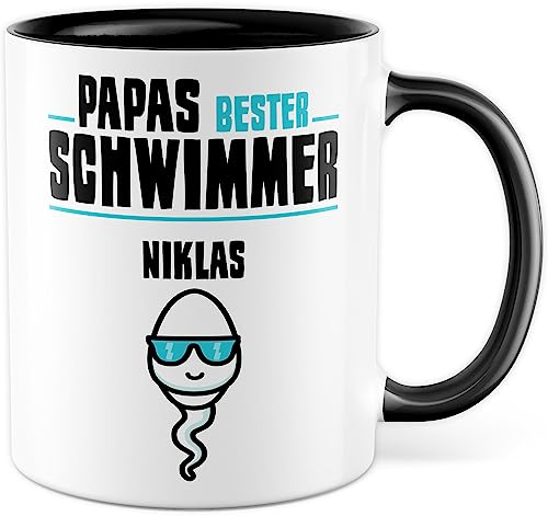 Tasse personalisiert Vater Geschenk, Papas bester Schwimmer - eigener Name Geschenkidee Kaffee-Becher Kaffeetasse mit Spruch lustig Vatertag Sohn Tochter Kind (Ein Kind Personalisiert)