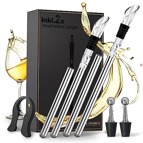 Foonii 9-in-1 Weinkühlstab | Weinkühler Stab inkl. 4 Stäben + 2 Ausgießer + 2 Flaschenverschluss + Folienschneider | LFGB zertifiziert | Geeignet für jede Flaschengröße | Rot- Weißwein Geschenkset