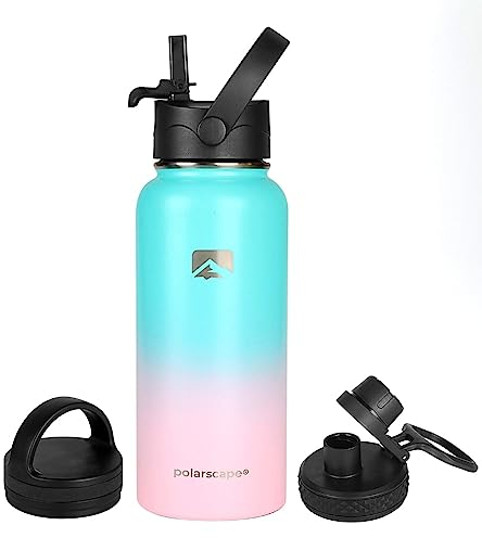 Polarscape Stainless Steel Insulated Water Bottle with Straw - Metal Water Bottle, Includes 3 Lids, 2 Straws, and Straw Brush - Wide Mouth, Double-Walled, BPA Free, Leak Proof - 1L Bubble Bliss