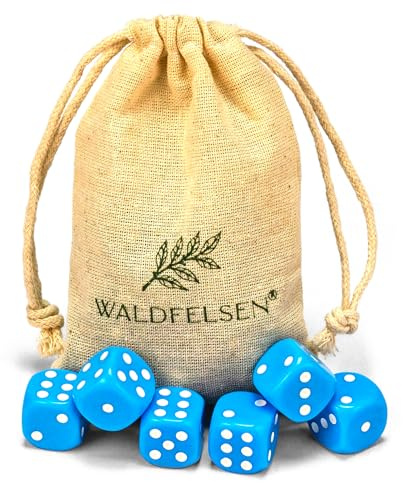 Waldfelsen 6, 12, 20, 30 oder 50 hochqualitative Würfel Standardgröße 16 mm Acrylwürfel Knobel Spielwürfel Dice 6-seitig sechsseitig Spielzubehör Set mit Stoffbeutel (Himmelblau, 6 Stück)