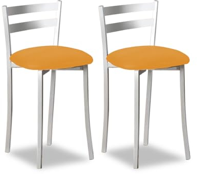 ASTIMESA - Taburetes de Cocina con Respaldo y Franjas Horizontales - Estructura de Aluminio y Asiento en Polipiel - Color del Asiento: Naranja. Contenido: 2 Unidades. Medidas: 64 cm (Alto Total)