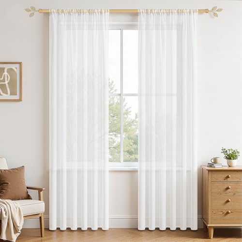 MRTREES Voile Curtains 90 Drop Pair, Volie Net Curtains for Windows, Semi Sheer Curtains for Living Room, Pack of 2, 55x90 Inch Drop 140x228 CM, White