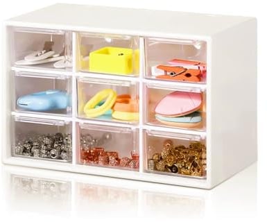 Cajoneras Plastico, RISVOWO Caja Organizadora con 9 Cajones, Blanca & Transparente Mini Cajones Extraíbles, Cajonera Pequeña para Herramientas, Joyas, Cosméticos