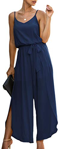 ASOMI Mono de verano para mujer, largo de verano, sexy, elegante, cinturón de moda, mono, boda, vacaciones, playa, cuello en V, traje de negocios, holgado, festivo, tirantes delgados, 84Navy, M
