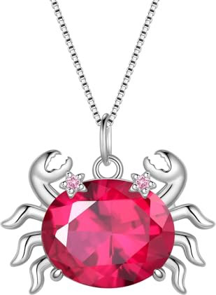 Crab Pendant Necklace - Woman 925 Sterling Silver Cancer Birthstone Red Crystal Sea Creature Animal Necklace Jewelry Birthday Gift for Wife Daughter Mother DP372R