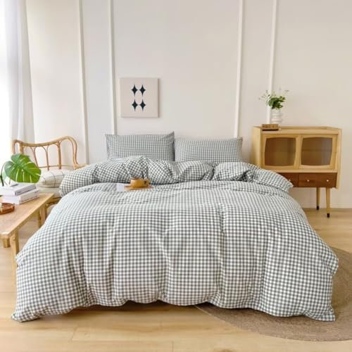Ruccit Parure de lit 3 pièces avec housse de couette à carreaux 100 % coton lavé avec fermeture éclair et attaches de coin, douce et respirante, motif vichy vert pour lit double